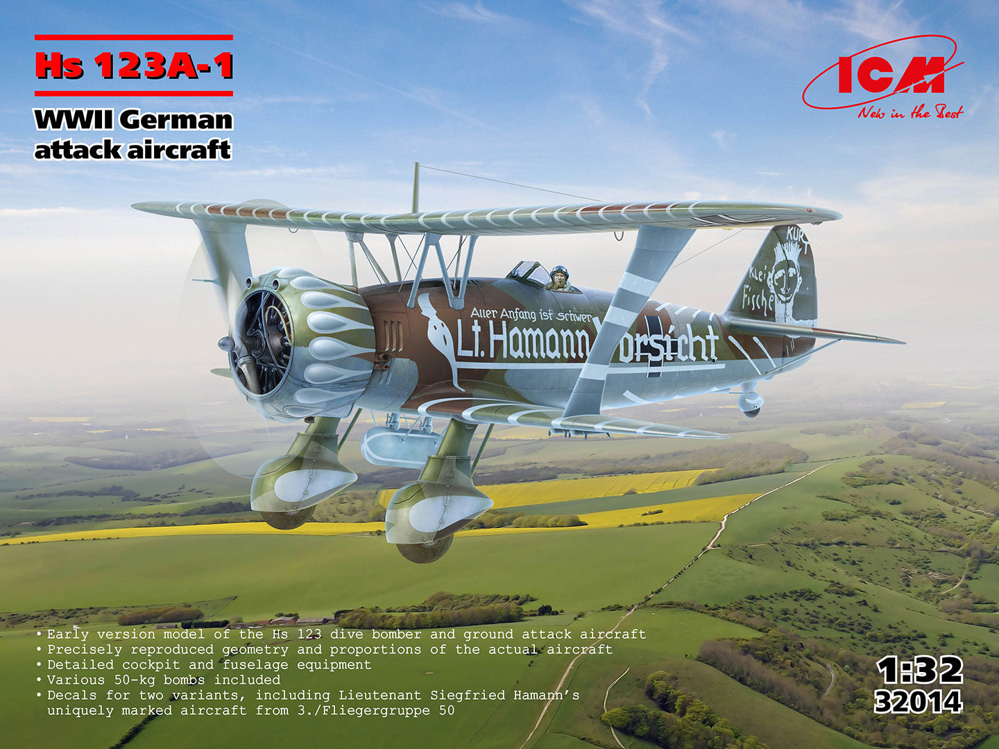 ICM 1/32 Hs 123A-1 WWII German Attack Aircraft Scale model kit ICM32014