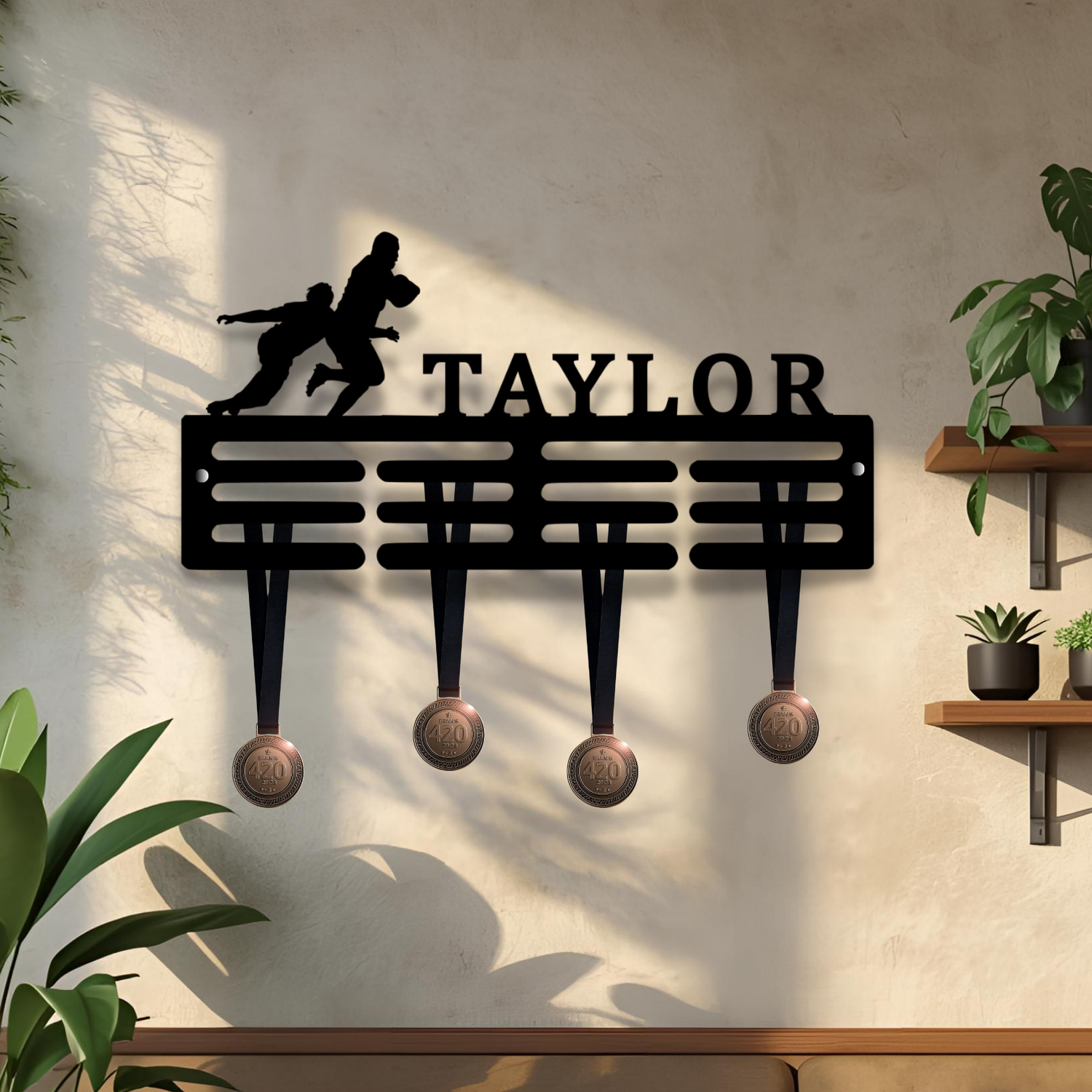 Rugby Medal Hanger custom personalised name ribbon Medal Holder Wall Display Rack