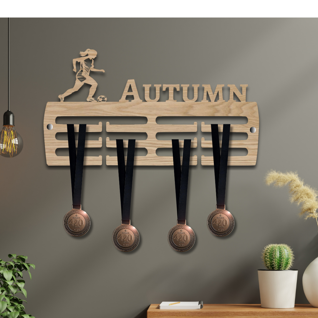 Wooden Personalised Girls Female football Medal Hanger
