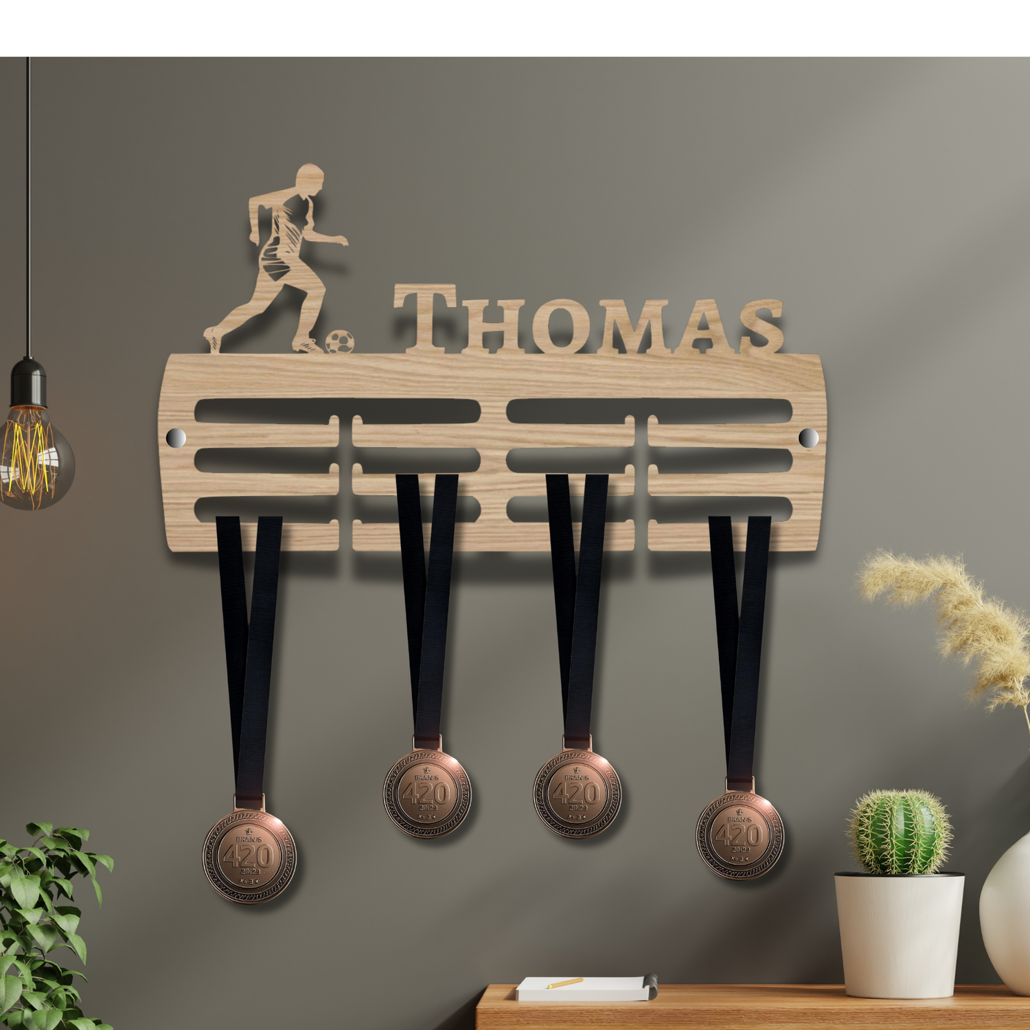 Wooden Personalised Football Medal Hanger