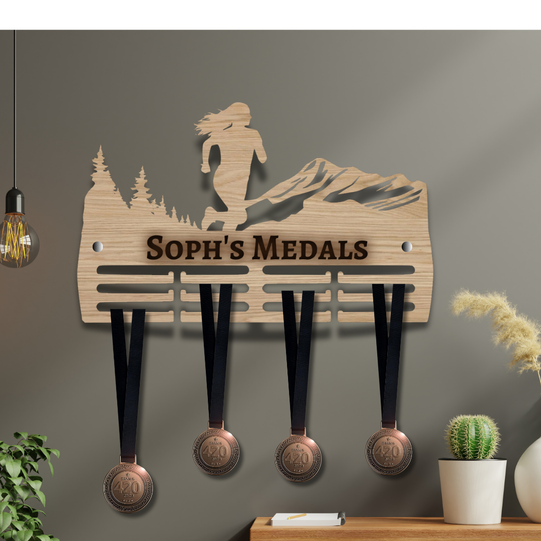 Wooden Personalised Girls Female Trail Running Medal Hanger