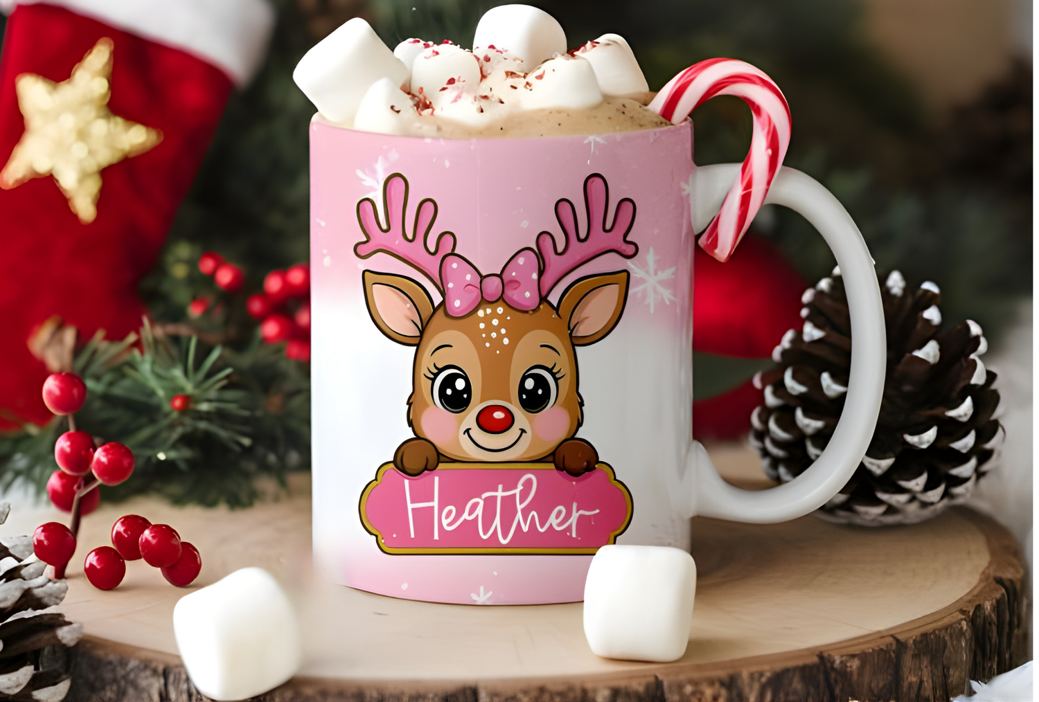 Personalised Pink Reindeer Christmas Mug