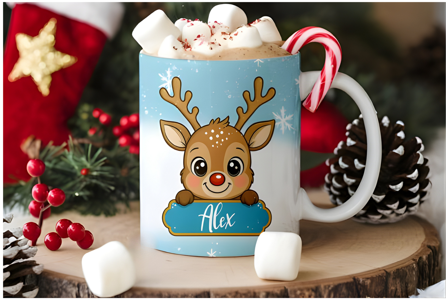 Personalised Blue Reindeer Christmas Mug