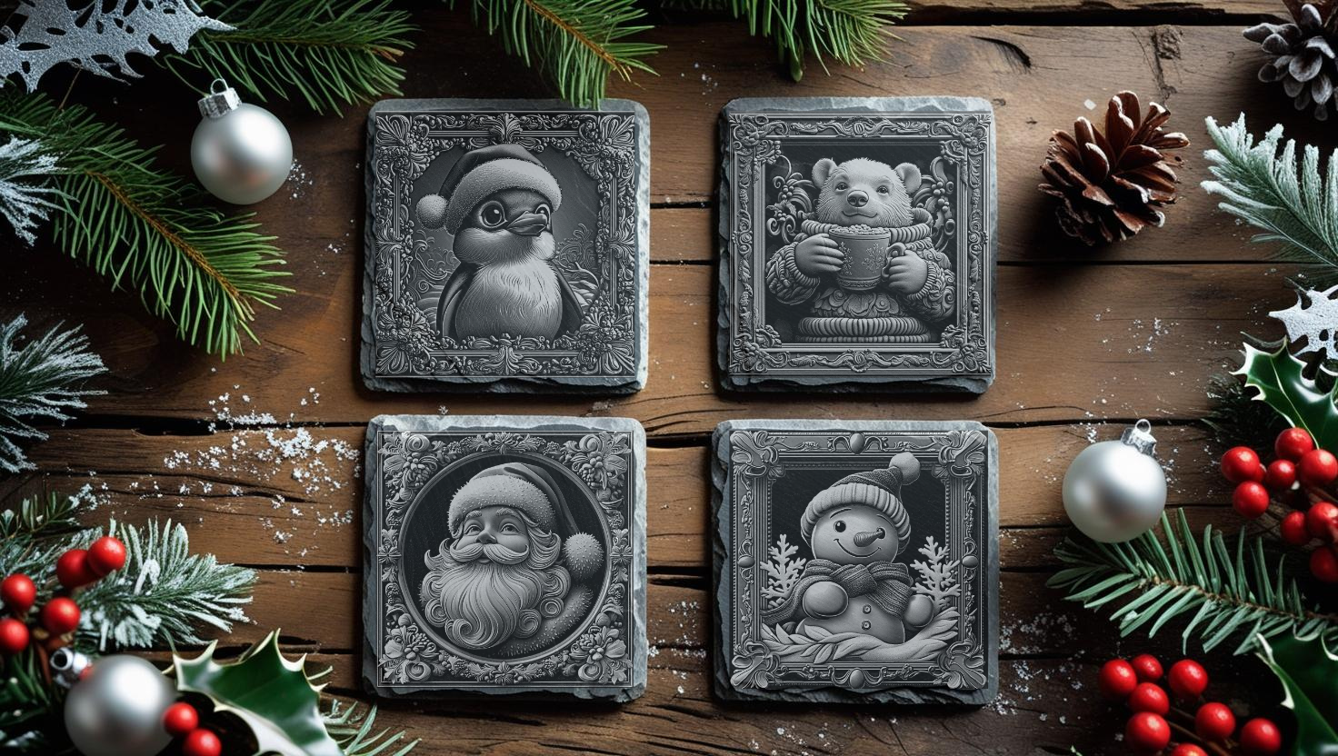 Set of 4 Engraved Christmas Real Slate Coasters