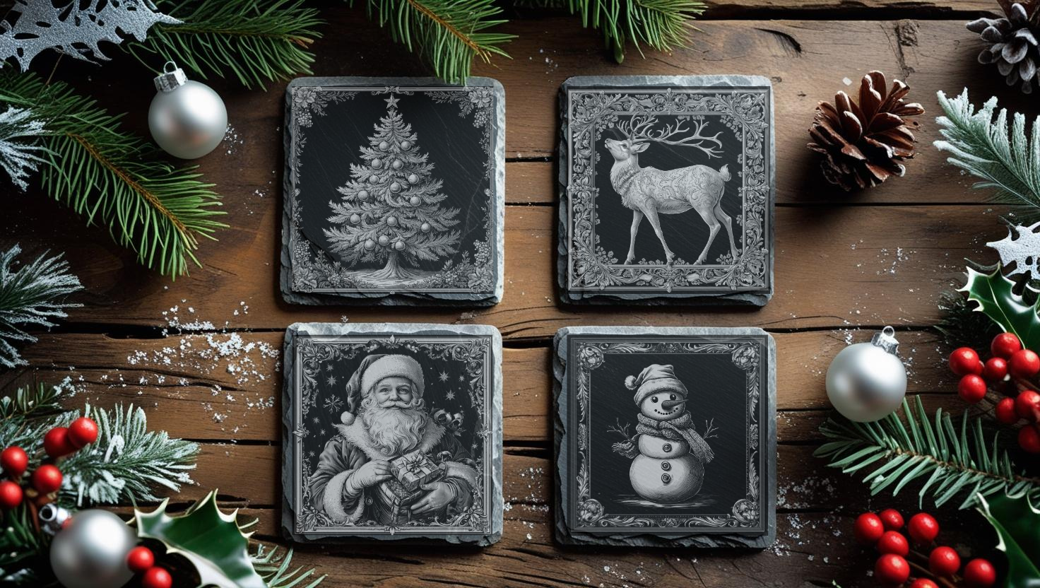 Set of 4 Engraved Christmas Real Slate Coasters