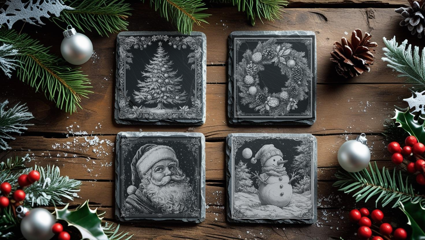 Set of 4 Engraved Christmas Natural Slate Coasters