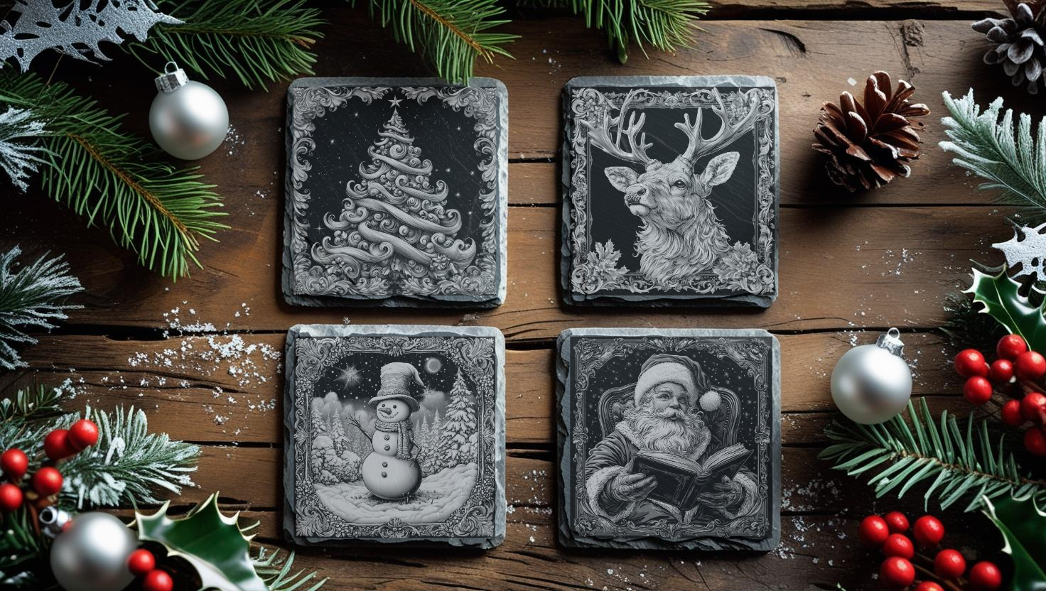 Set of 4 Engraved Christmas Natural Slate Coasters