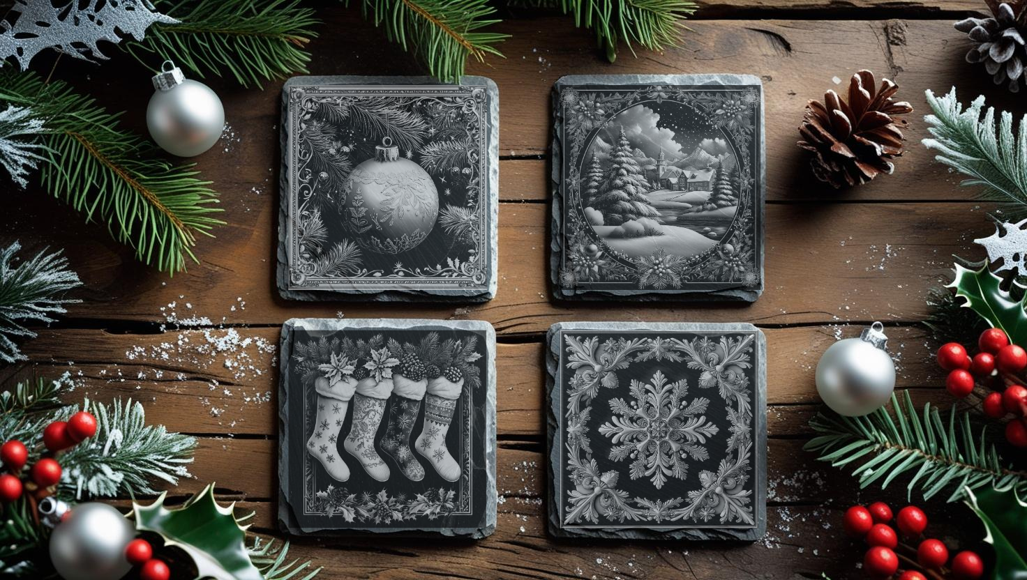 Set of 4 Engraved Christmas Natural Slate Coasters