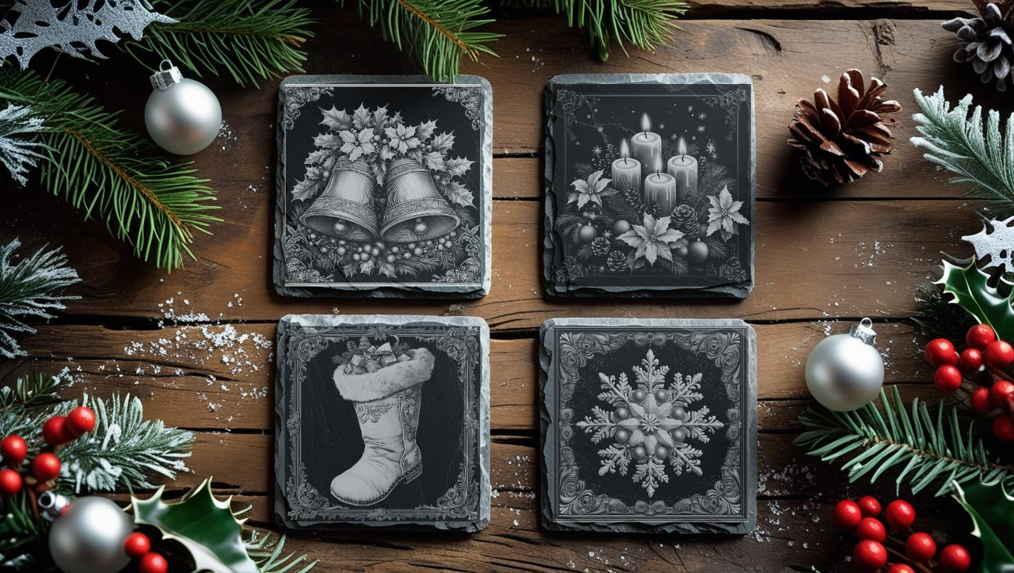 Set of 4 Engraved Christmas Natural Slate Coasters