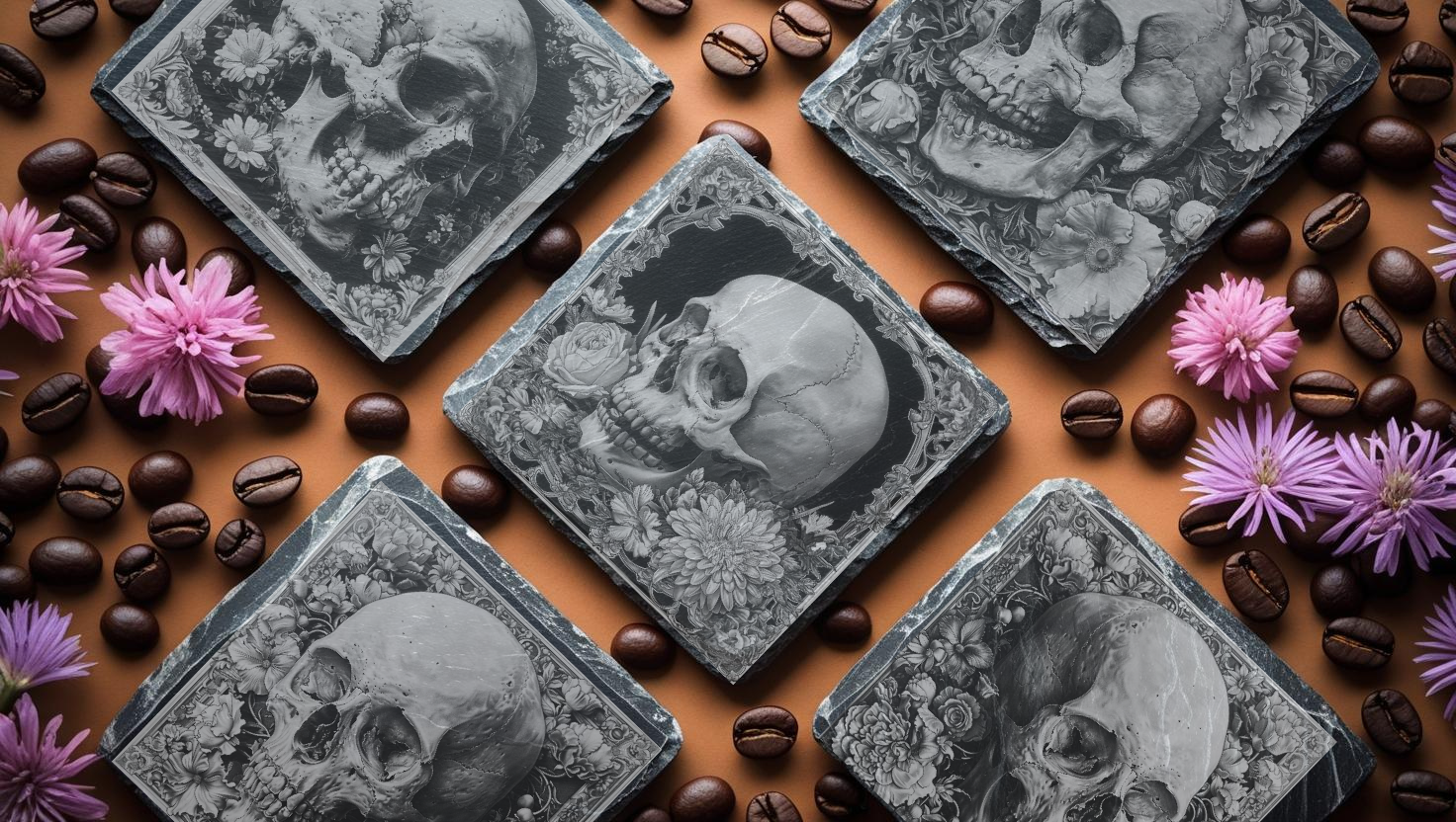 Engraved Skull Emo Gothic Slate Coaster