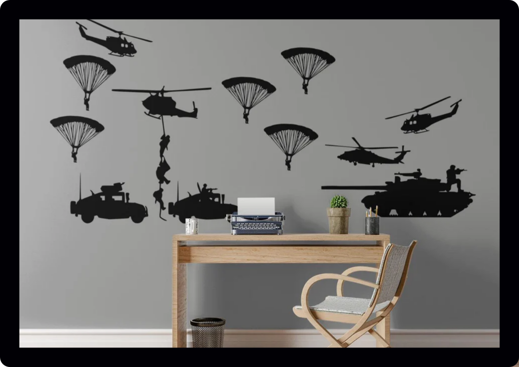 Army soldiers Military Helicopter Tank battle Jeep boys girls vinyl bedroom wall sticker Decals