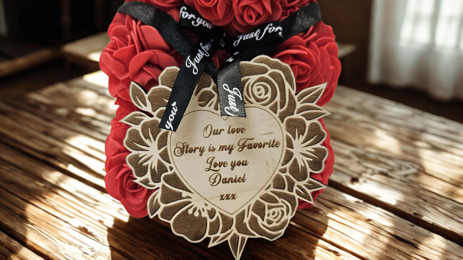 Rose Bear Engraved Wooden Love heart Plaque Anniversary Birthday Gift