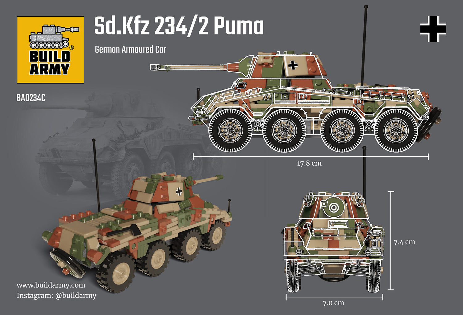 Build Army Sd.Kfz.234/2 Puma Tank 1:33 Brick Model 508pcs B0234C