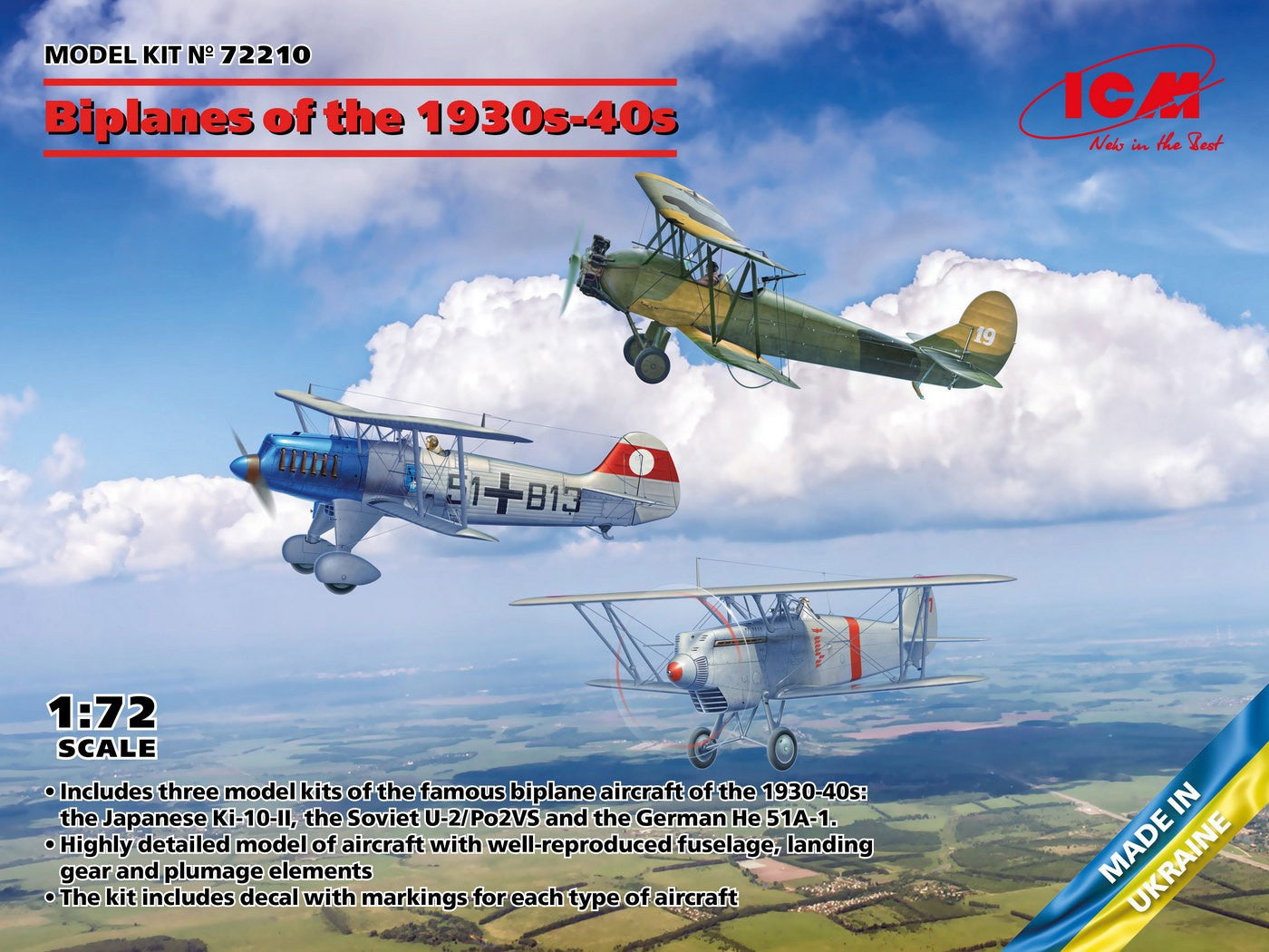 ICM 1/72 Biplanes of the 1930s & 1940s Не-51A-1 / Ki-10-II / U-2/Po-2VS (Set of 3 Model Planes)