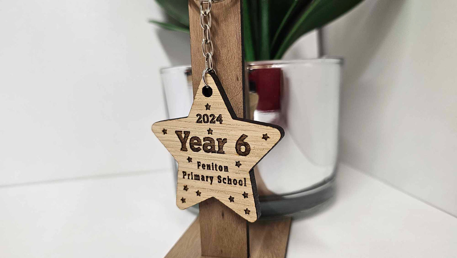 Personalised engraved wooden school leavers keyring