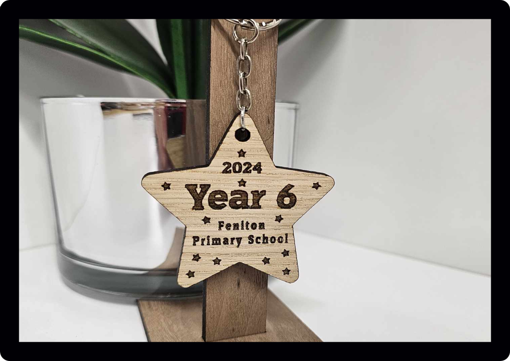 Personalised engraved wooden school leavers keyring