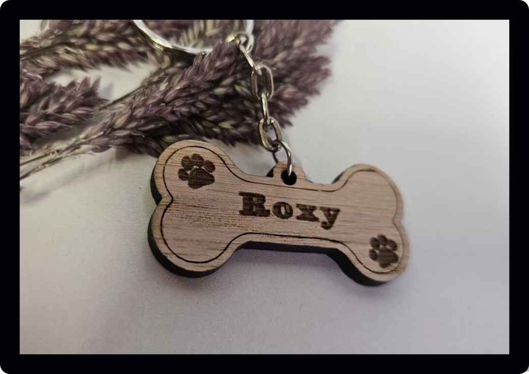 Personalised engraved wooden dog bone tag keyring
