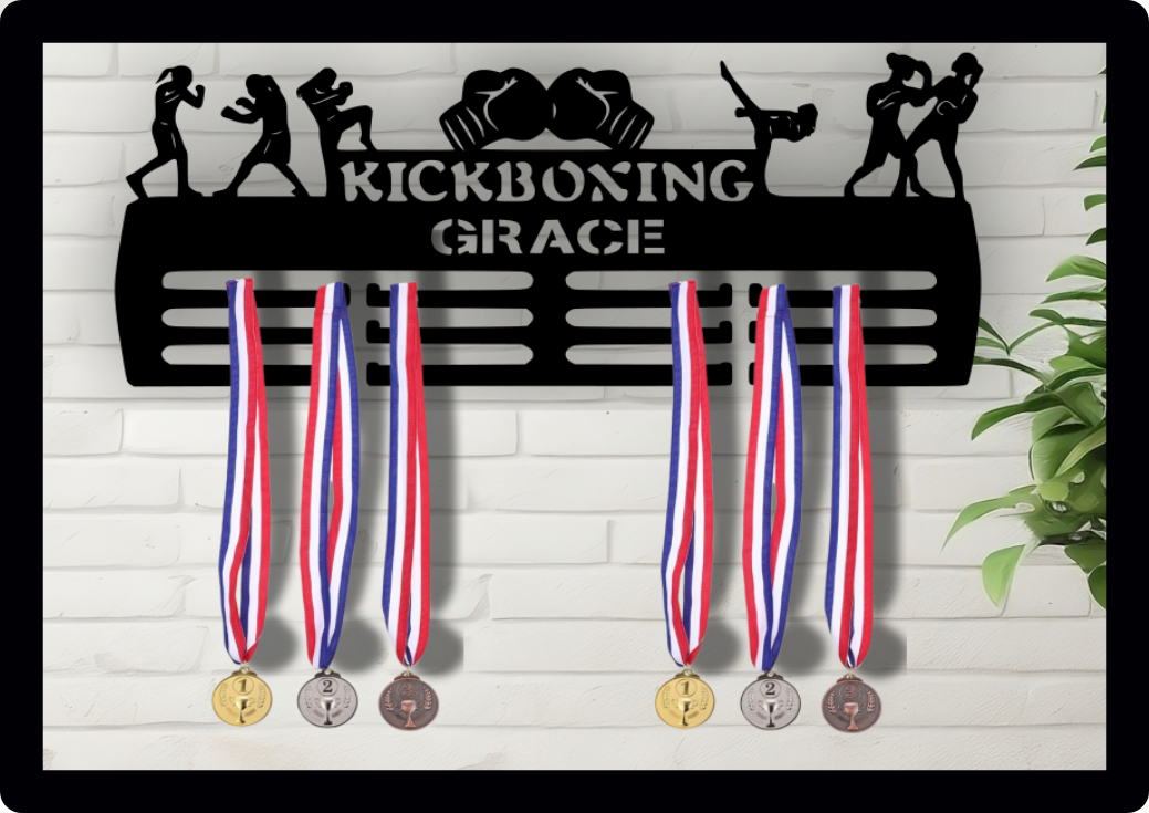 Personalised GIRLS Kick Boxing Medal Hanger Medal Holder Wall Display Rack