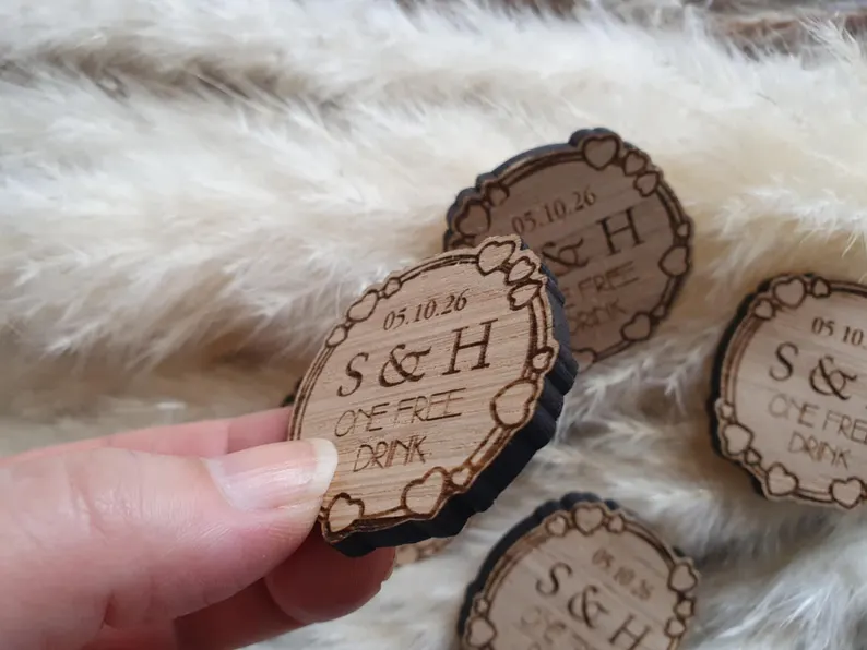 Personalised Wooden Drink Tokens Wedding Favours Circles Party Celebration Wooden keepsake | have a drink on us