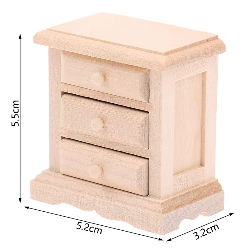 1:12 Miniature's Wooden Bed Side Table Set Of Drawers
