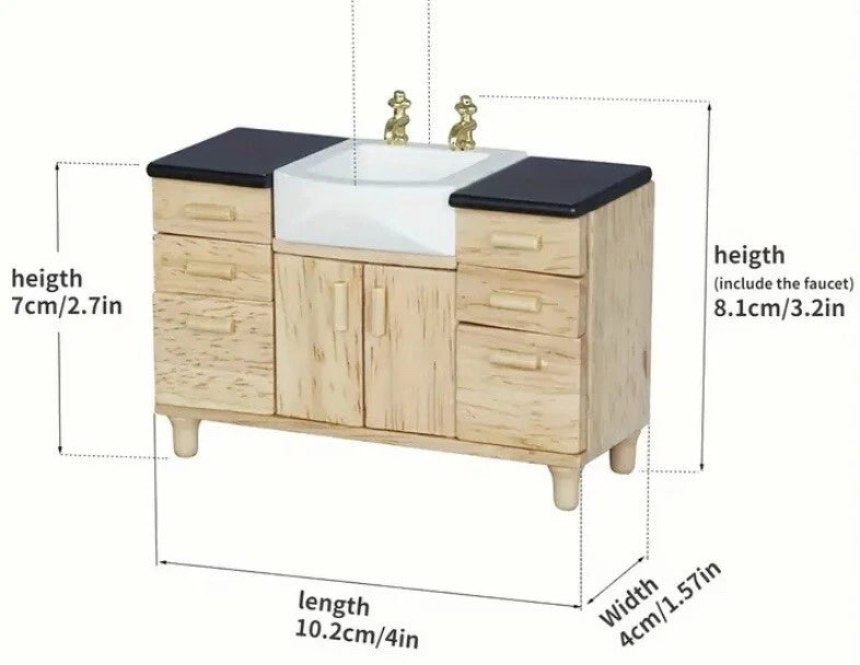 1/12 Miniature's Wooden Wash Basin Cabinet with Ceramic Hand Sink Miniature Doll House Furniture