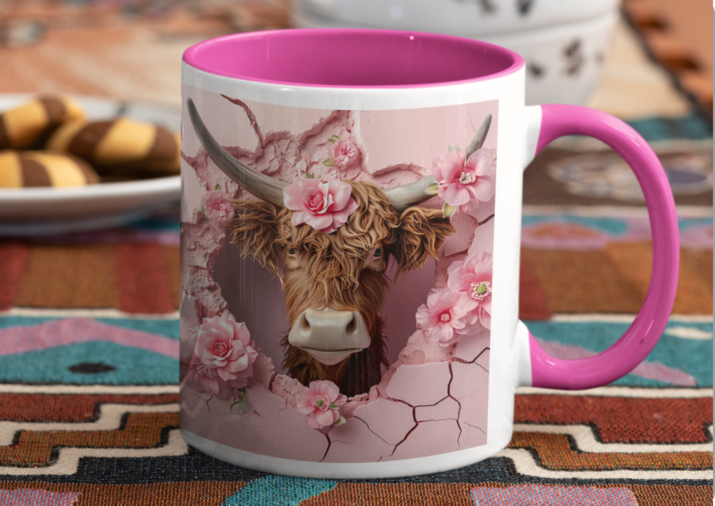 Cute Highland Cow Farmer flowers gift mug