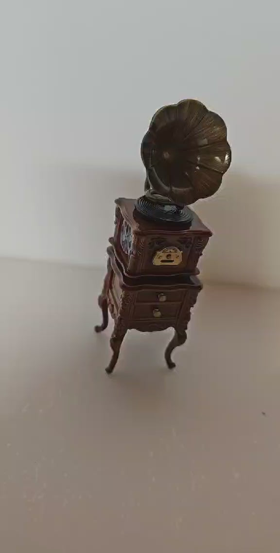 1:12 Miniature's Retro Mini Phonograph Gramophone Cabinet Set plays music