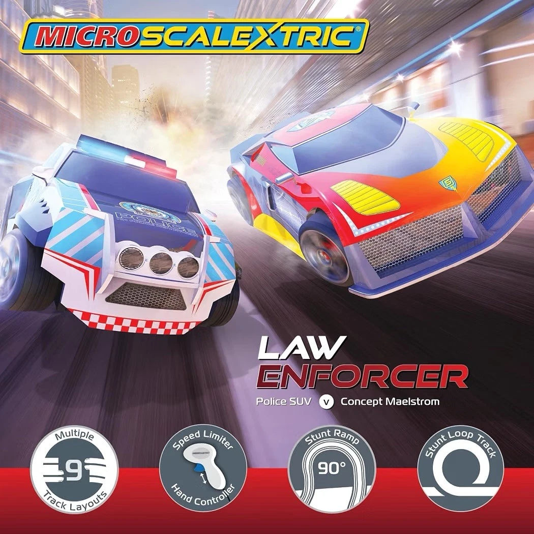 Micro Scalextric Law Enforcer Mains Powered Race Set Slot Cars 1/64