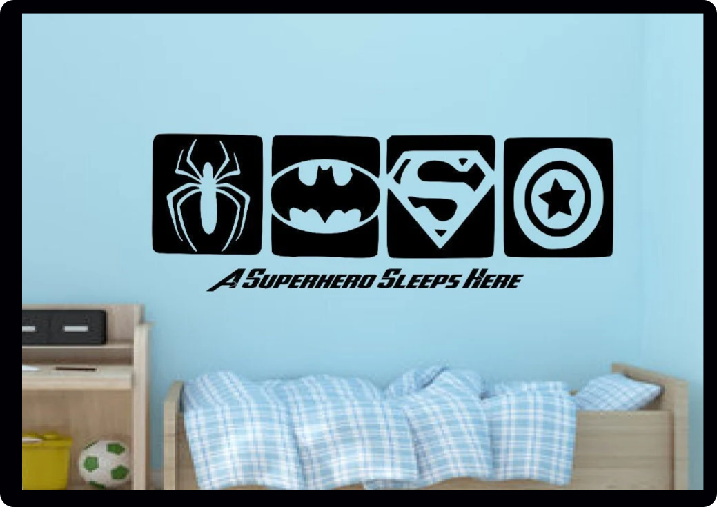 A Superhero Sleeps Here ironman batman spiderman superman hero kids style Here Boys Bedroom Wall Vinyl Decal Sticker